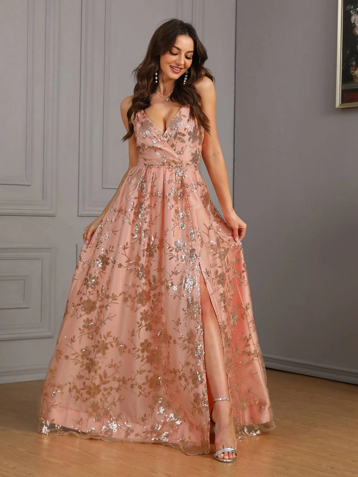 Pink 1930s Sequined Floral Mesh High Slit Dress - Image 4