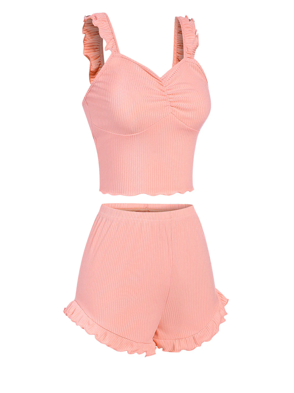 Pink 1930s Solid Ruffles Straps Pajamas - Image 2