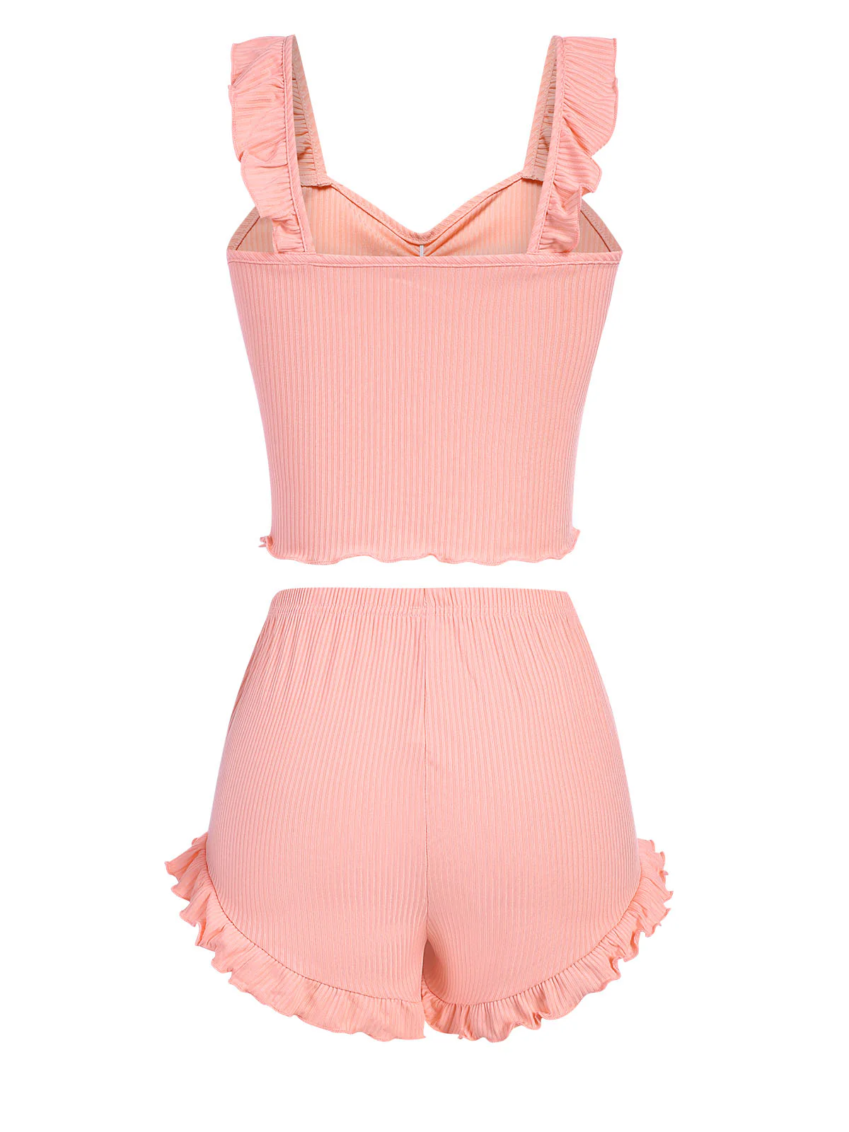 Pink 1930s Solid Ruffles Straps Pajamas - Image 3