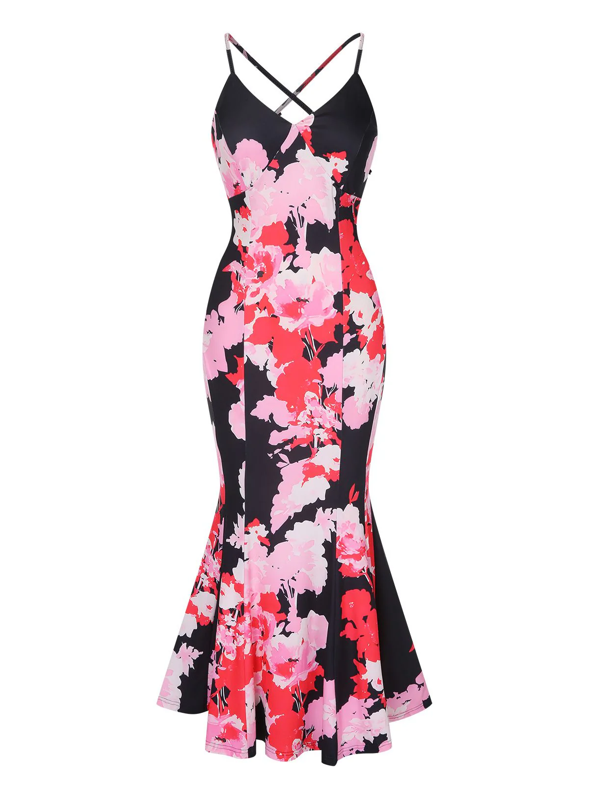 Pink 1930s Spaghetti Strap Floral Mermaid Dress - Image 2