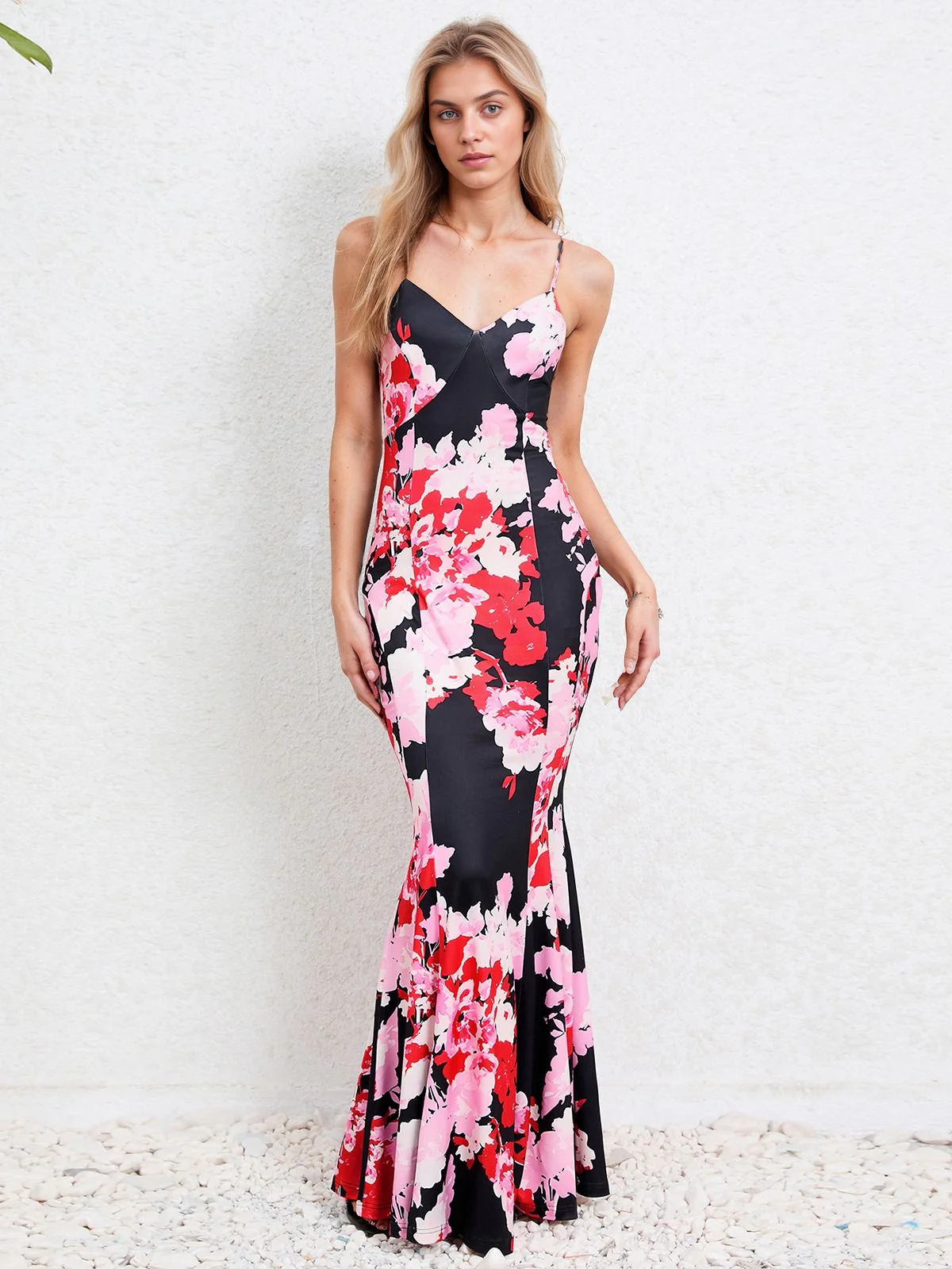 Pink 1930s Spaghetti Strap Floral Mermaid Dress - Image 3