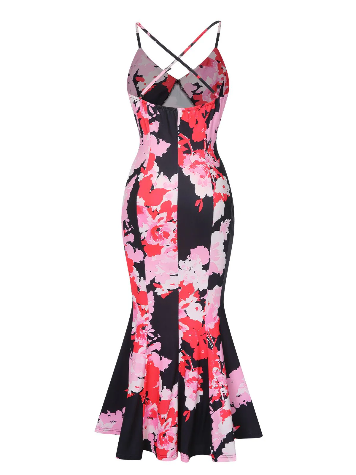 Pink 1930s Spaghetti Strap Floral Mermaid Dress - Image 7