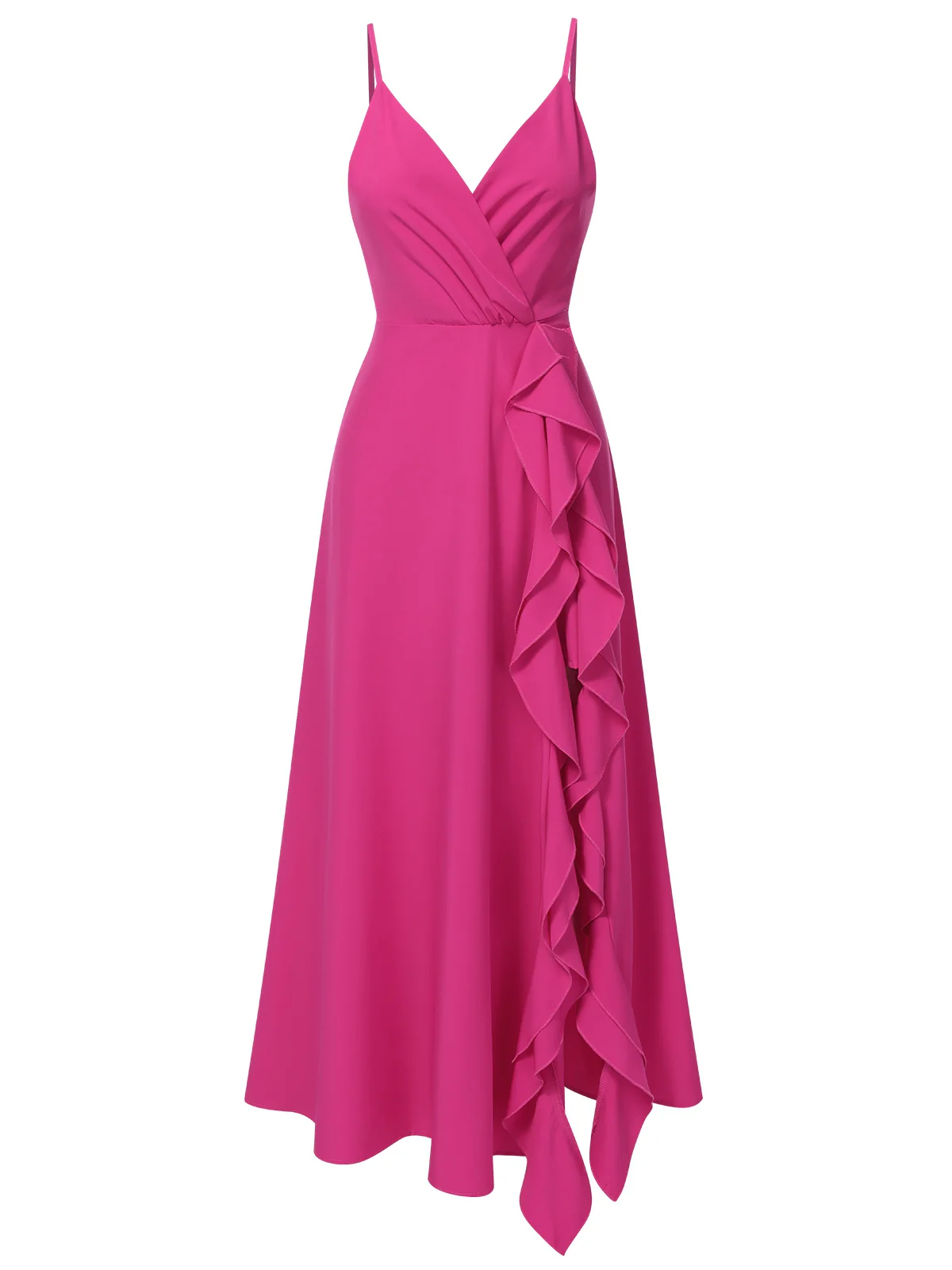 Pink 1930s V-Neck Ruffled Irregular Slit Dress - Image 2
