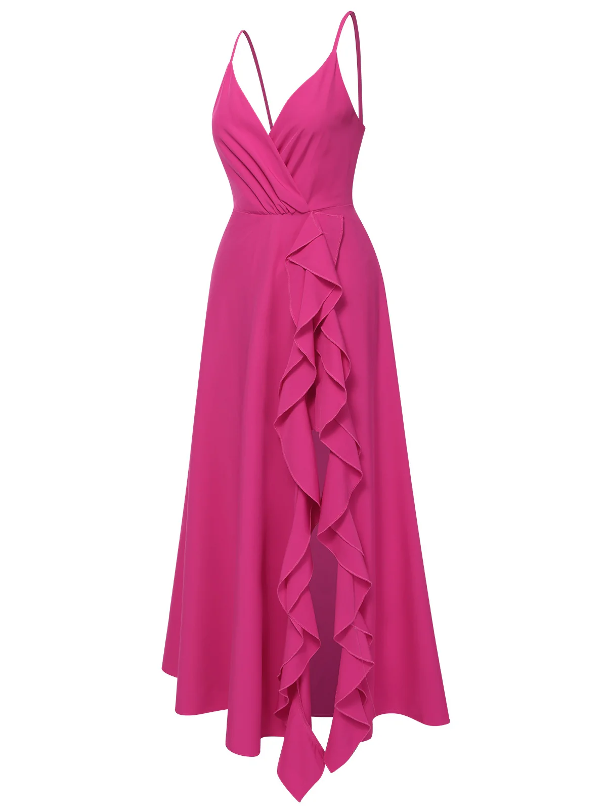 Pink 1930s V-Neck Ruffled Irregular Slit Dress - Image 4