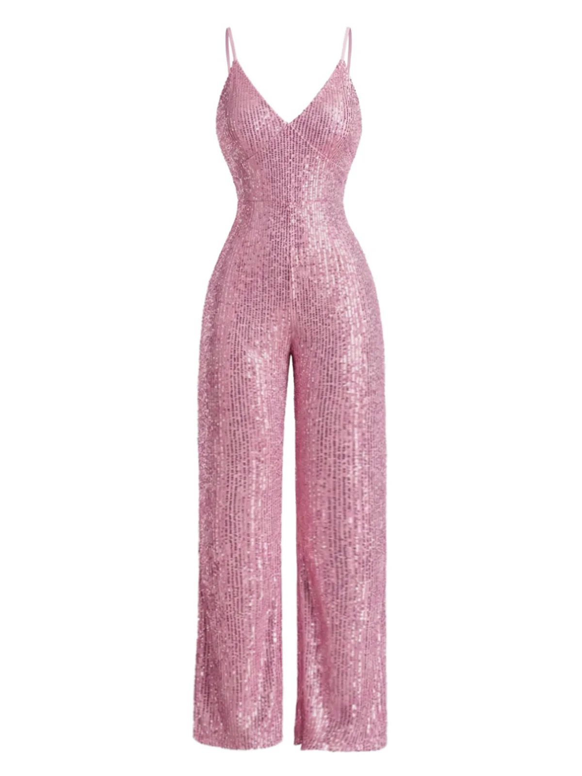 Pink 1930s V-Neck Spaghetti Strap Sequined Jumpsuit - Image 2