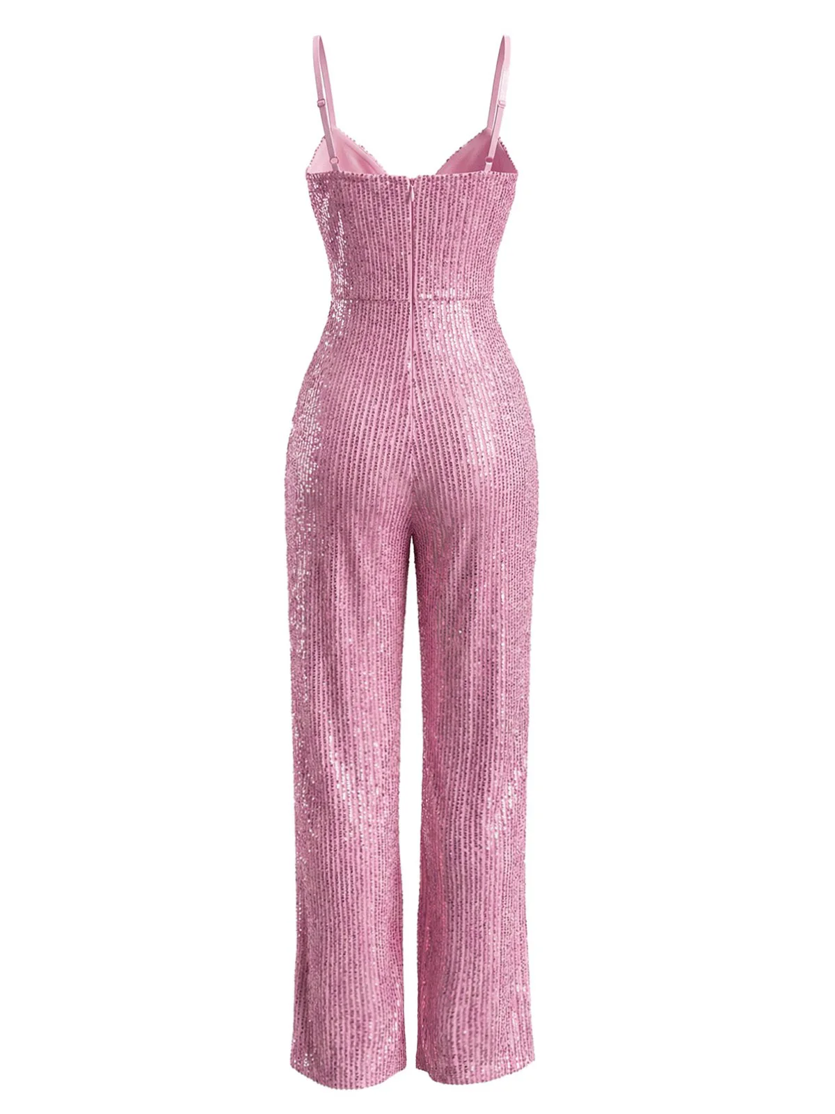 Pink 1930s V-Neck Spaghetti Strap Sequined Jumpsuit - Image 3