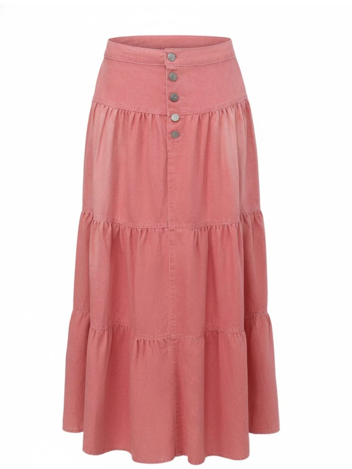Pink 1940s Denim Button-Down Tiered Maxi Skirt - Image 2