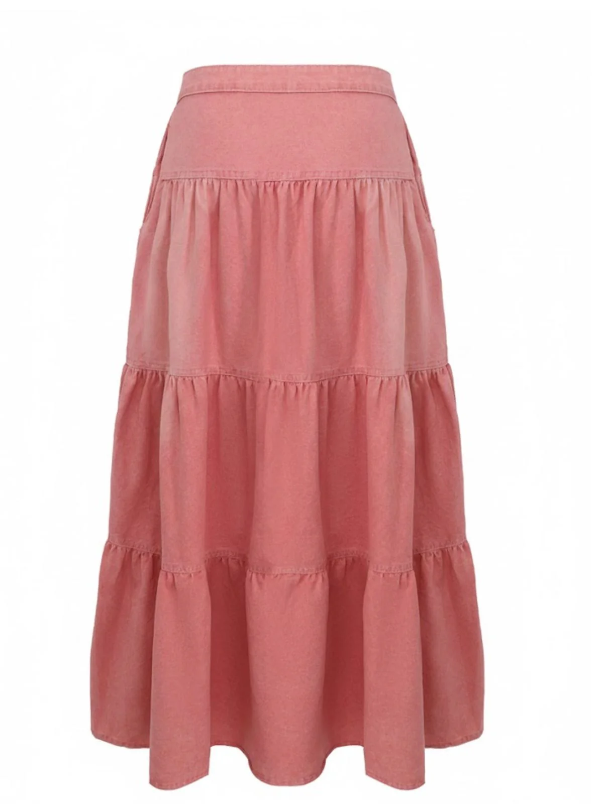 Pink 1940s Denim Button-Down Tiered Maxi Skirt - Image 3