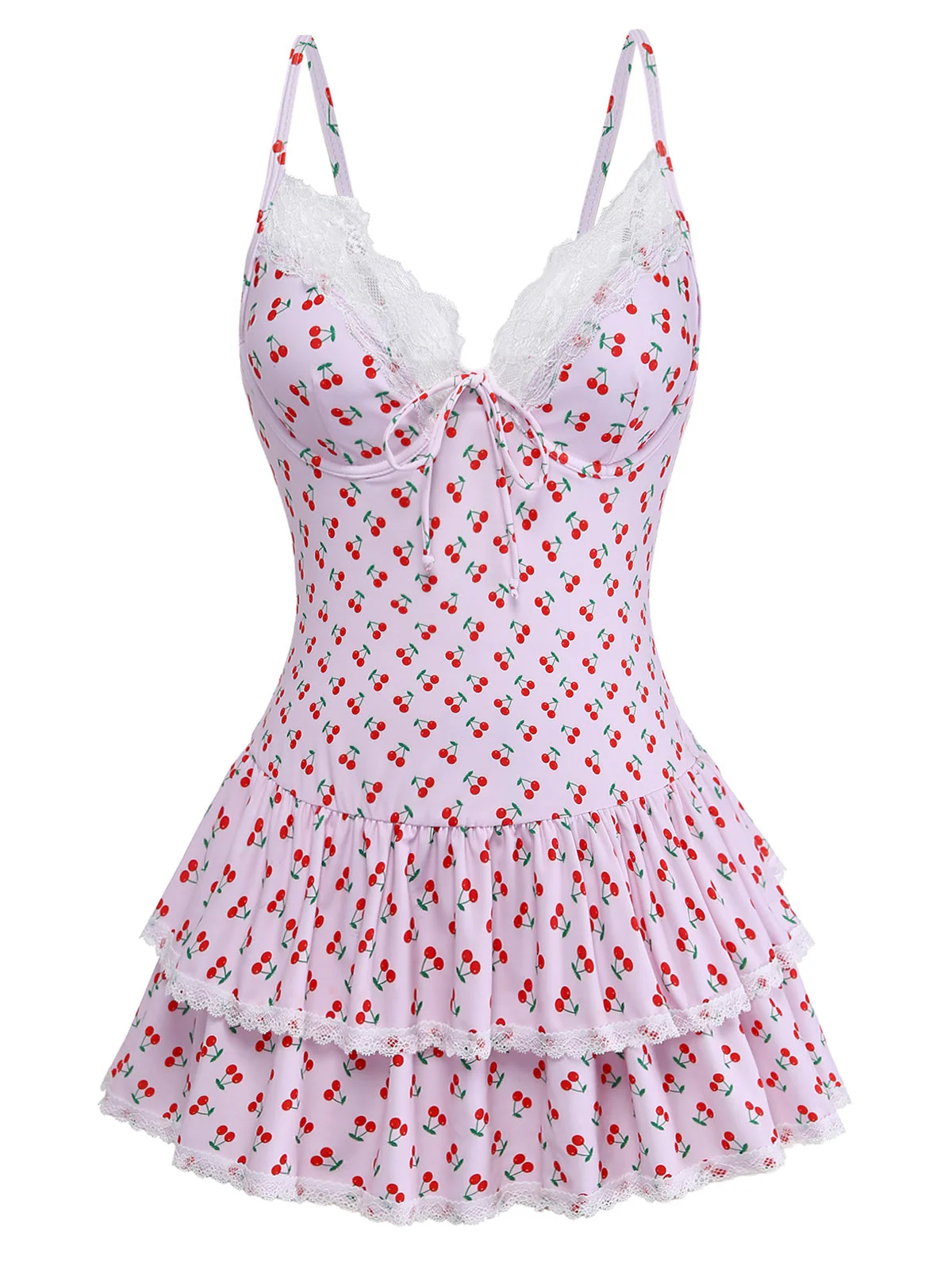 [Pre-Sale] Pink 1940s Cherry Print Lace Trim One-Piece Swimsuit - Image 2