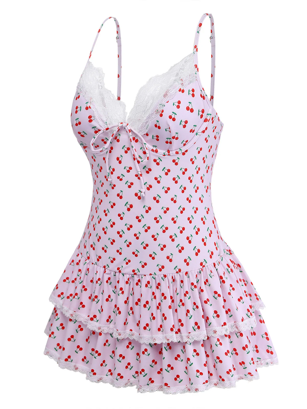 [Pre-Sale] Pink 1940s Cherry Print Lace Trim One-Piece Swimsuit - Image 3
