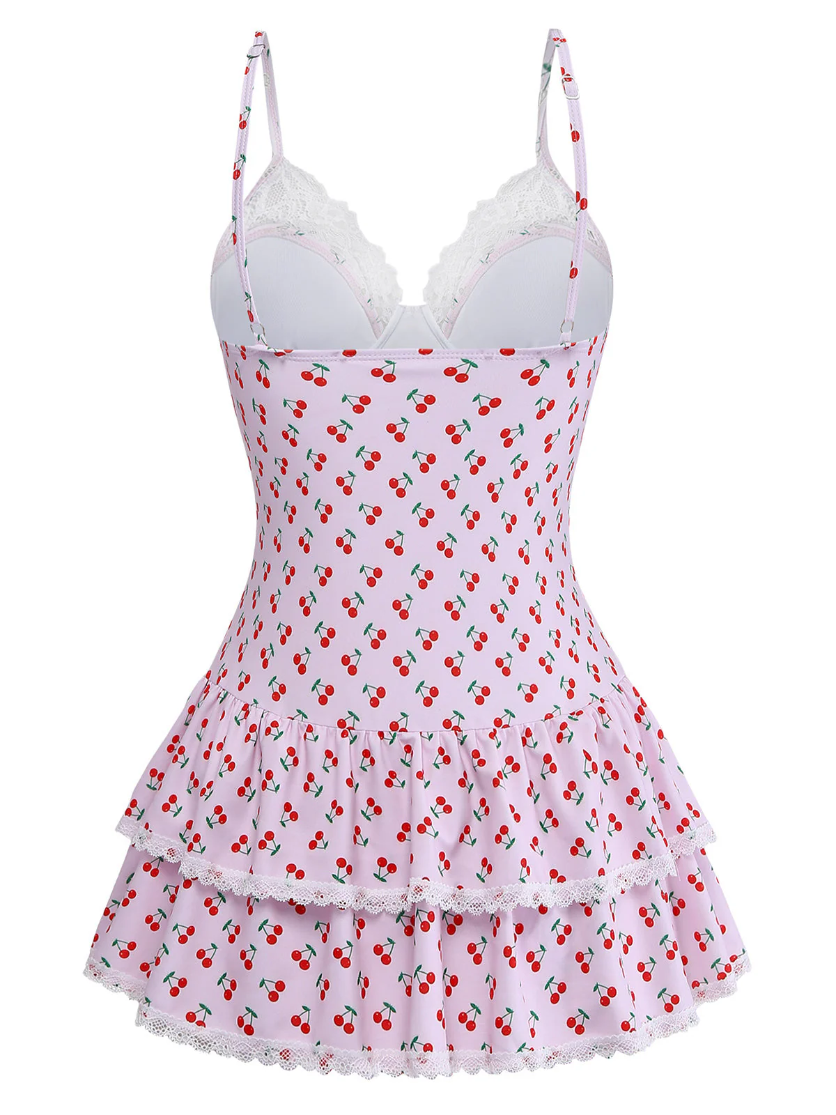 [Pre-Sale] Pink 1940s Cherry Print Lace Trim One-Piece Swimsuit - Image 4