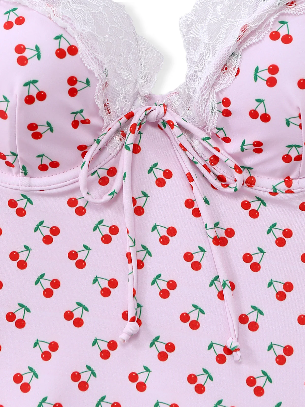 [Pre-Sale] Pink 1940s Cherry Print Lace Trim One-Piece Swimsuit - Image 5