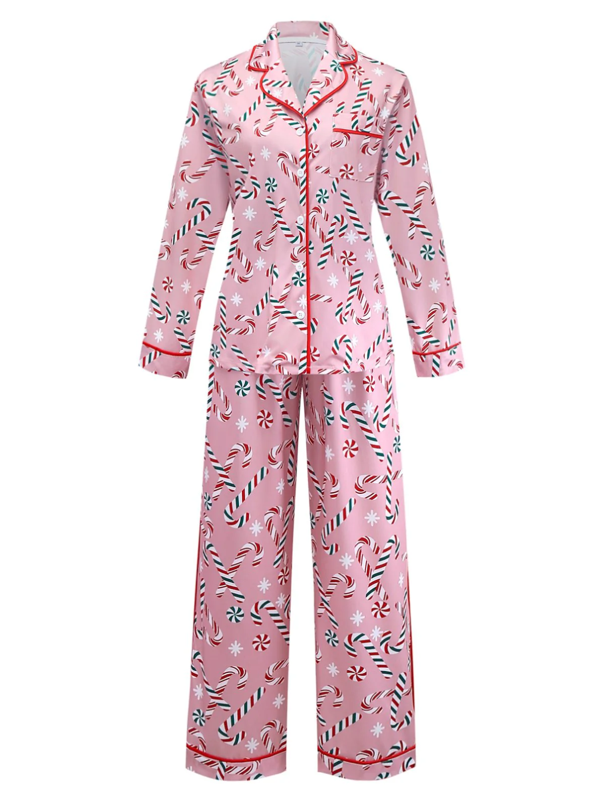 Pink 1940s Christmas Candy Cane Long Pajama Set - Image 2
