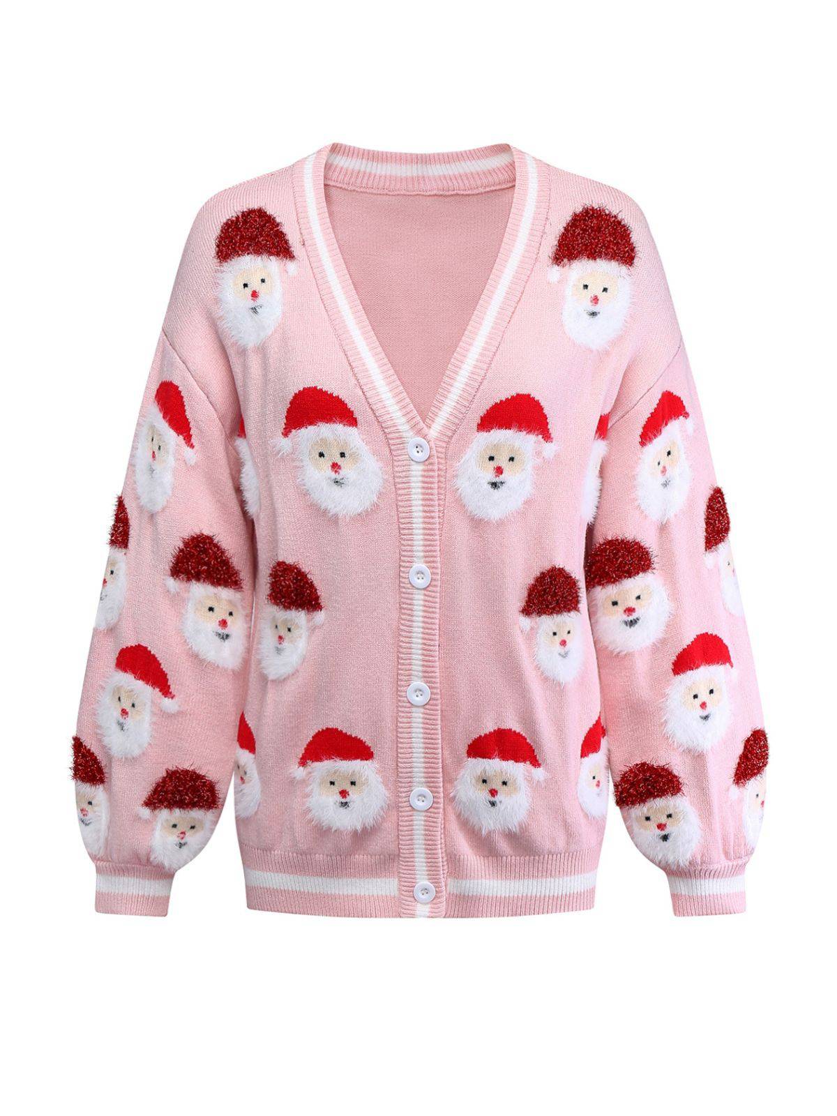 Pink 1940s Christmas Santa Claus Jacquard Cardigan - Image 2