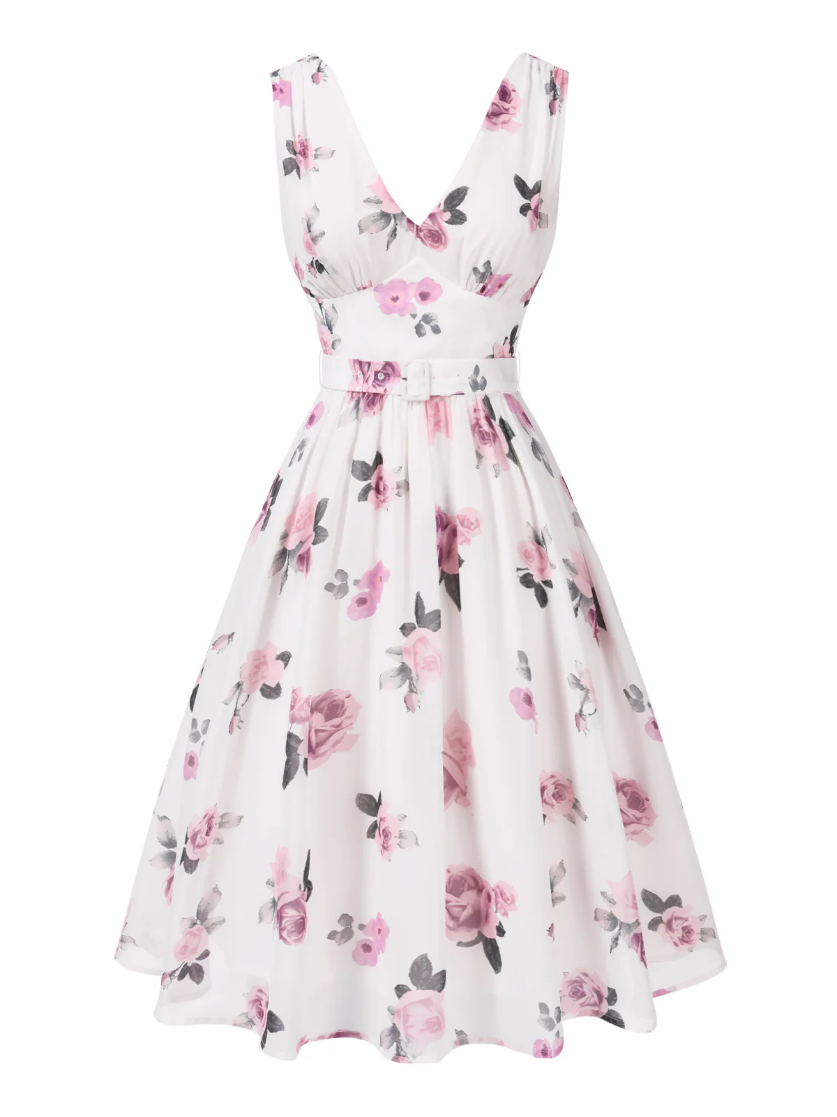 [US Warehouse] Pink 1940s Deep V-Neck Chiffon Rose Dress - Image 2
