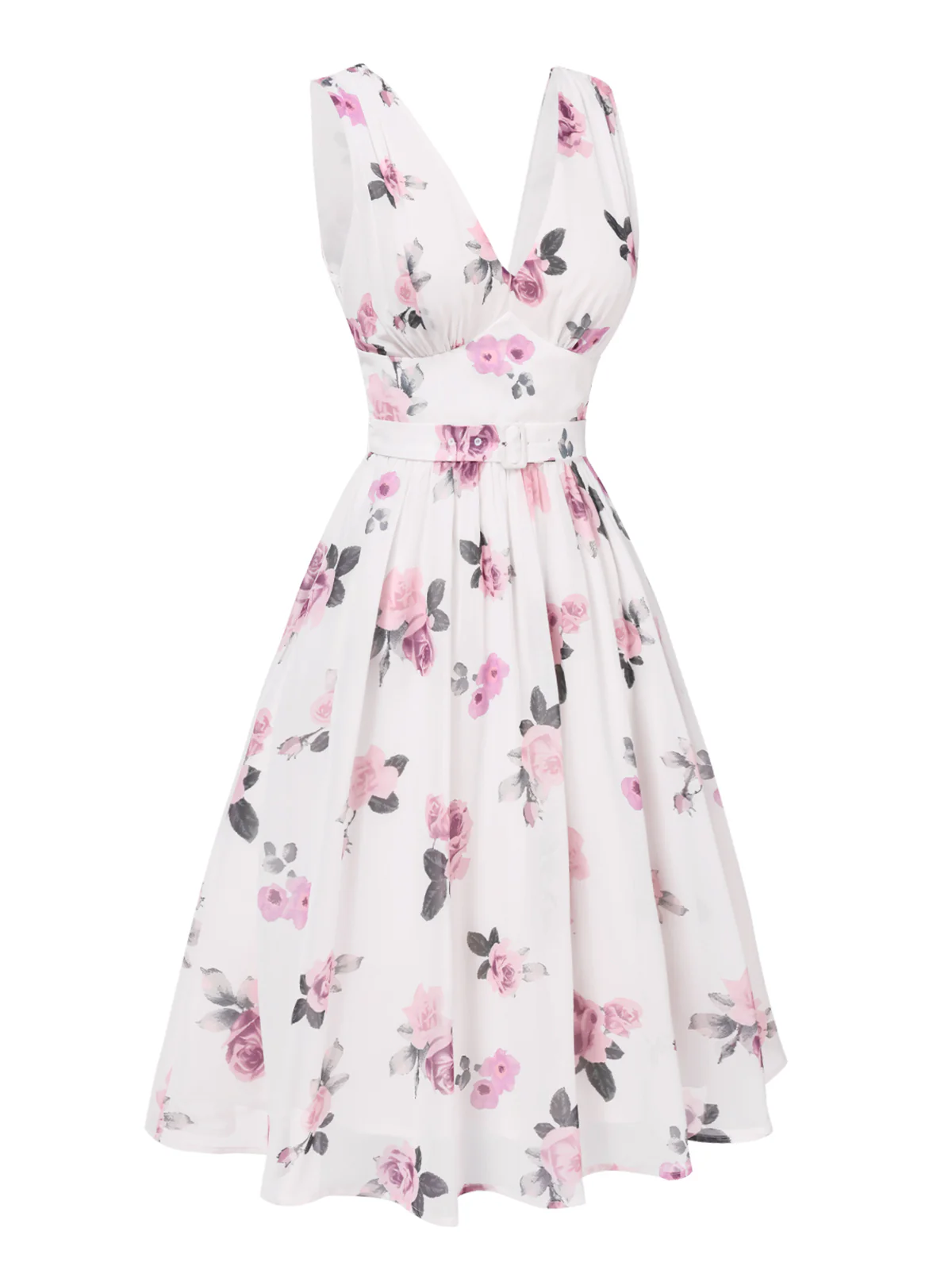 [US Warehouse] Pink 1940s Deep V-Neck Chiffon Rose Dress - Image 3