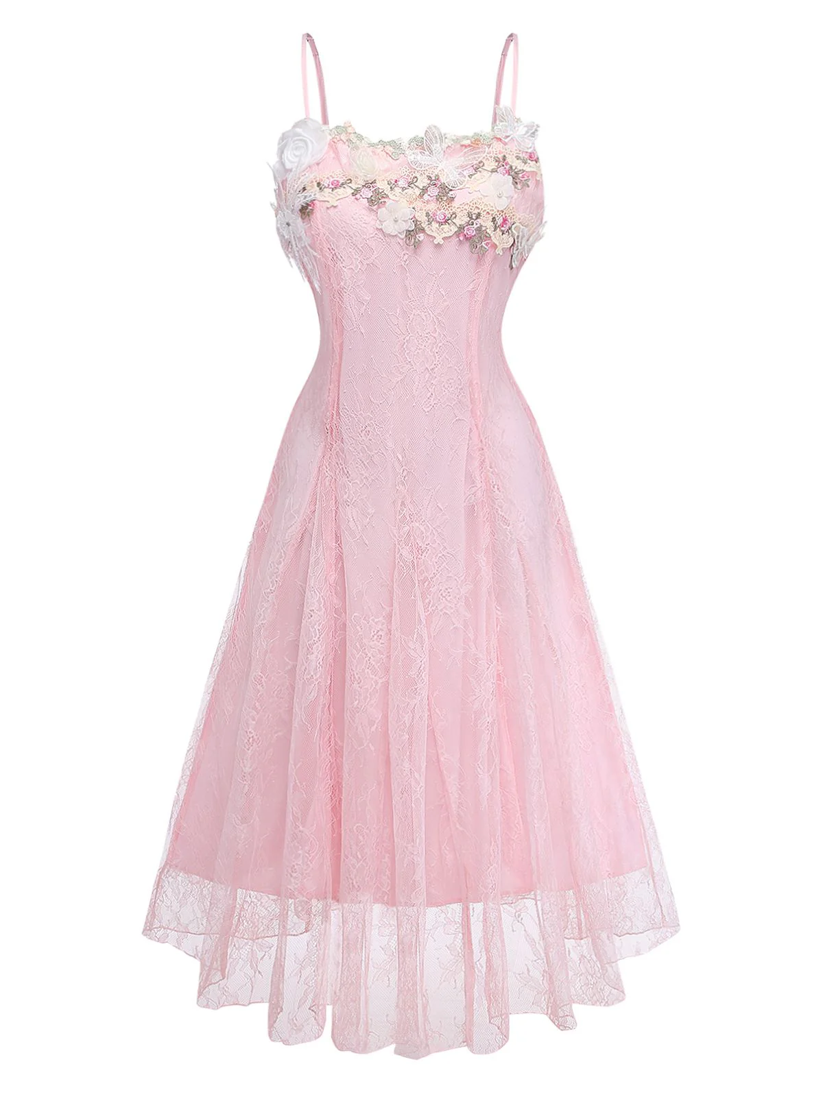 Pink 1940s Floral Lace Spaghetti-Strap Maxi Dress - Image 2