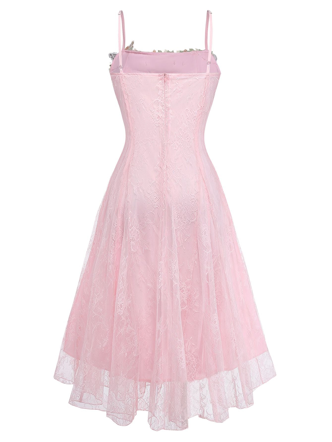 Pink 1940s Floral Lace Spaghetti-Strap Maxi Dress - Image 3
