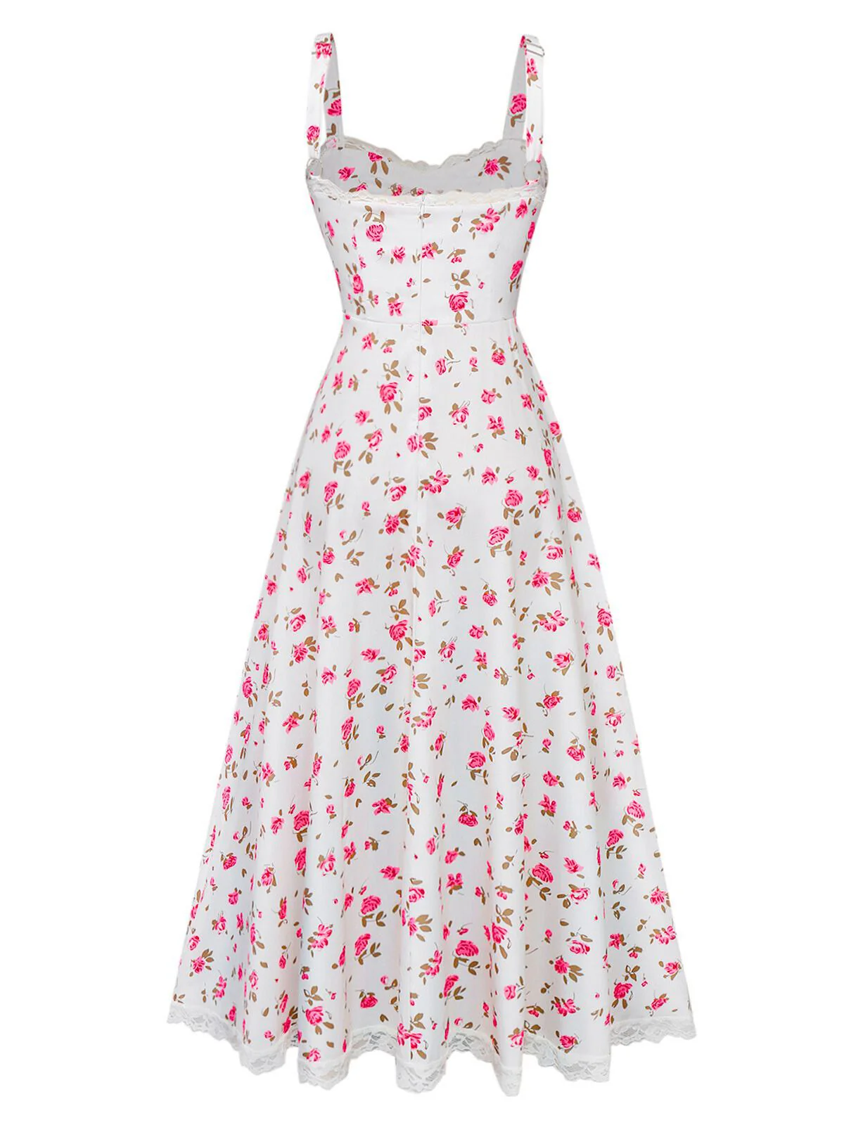 Pink 1940s Rose Strap Lace Patchwork Dress - Image 2