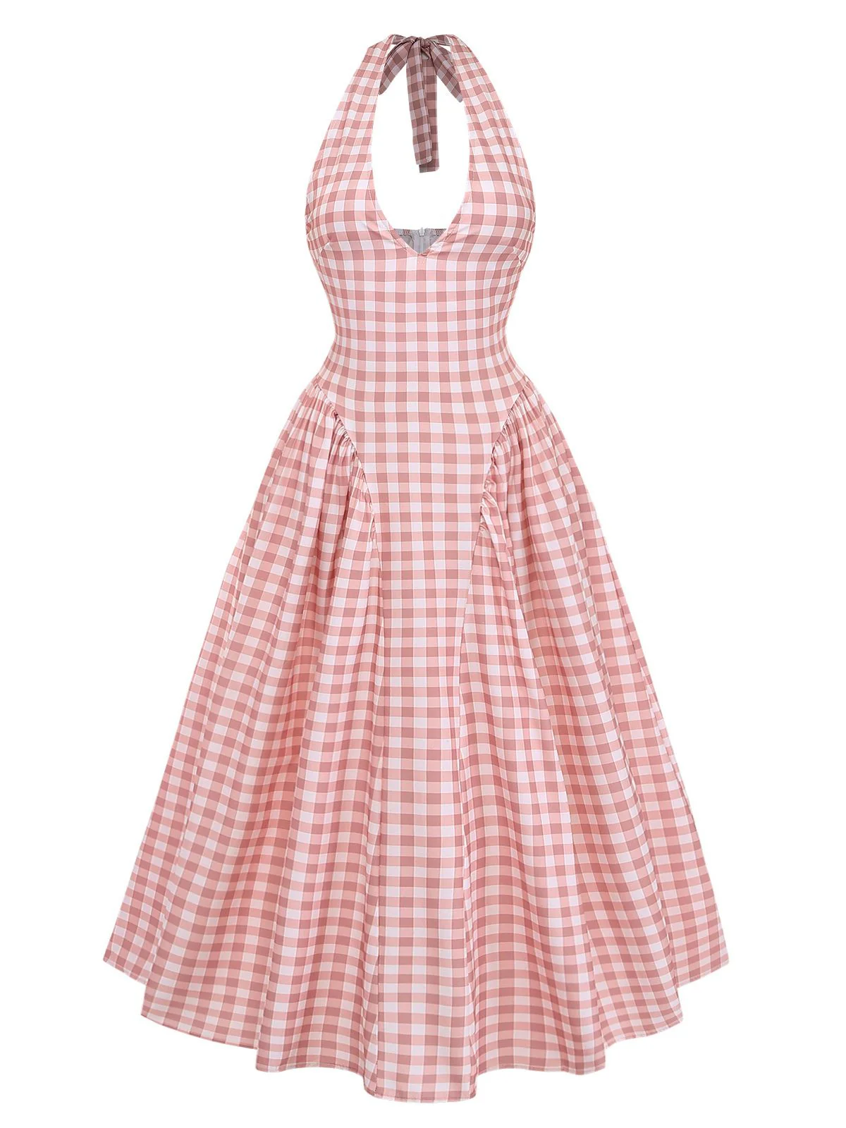 Pink 1940s Gingham V-Neck Sleeveless Flared Maxi Dress - Image 2