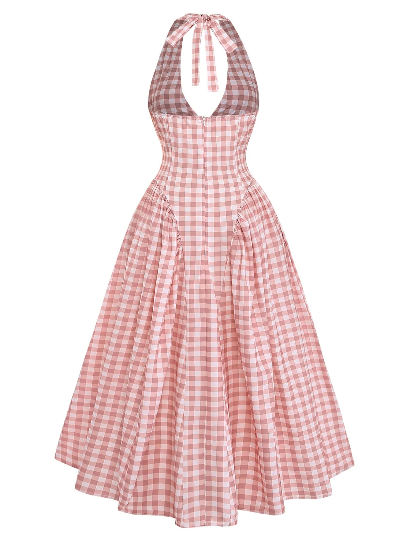 Pink 1940s Gingham V-Neck Sleeveless Flared Maxi Dress - Image 3