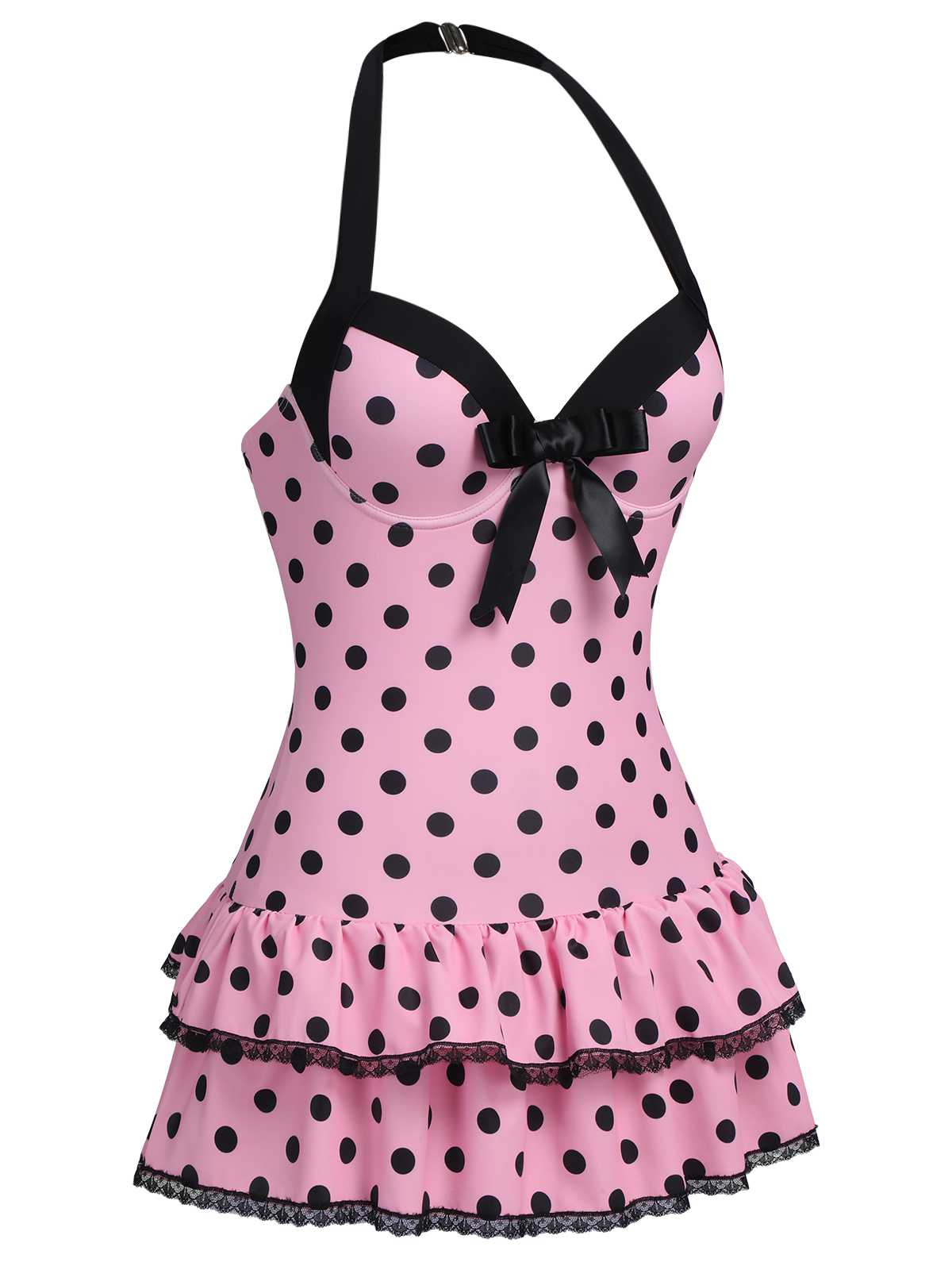 Pink 1940s Halter Polka Dots Bow One-Piece Swimsuit - Image 4