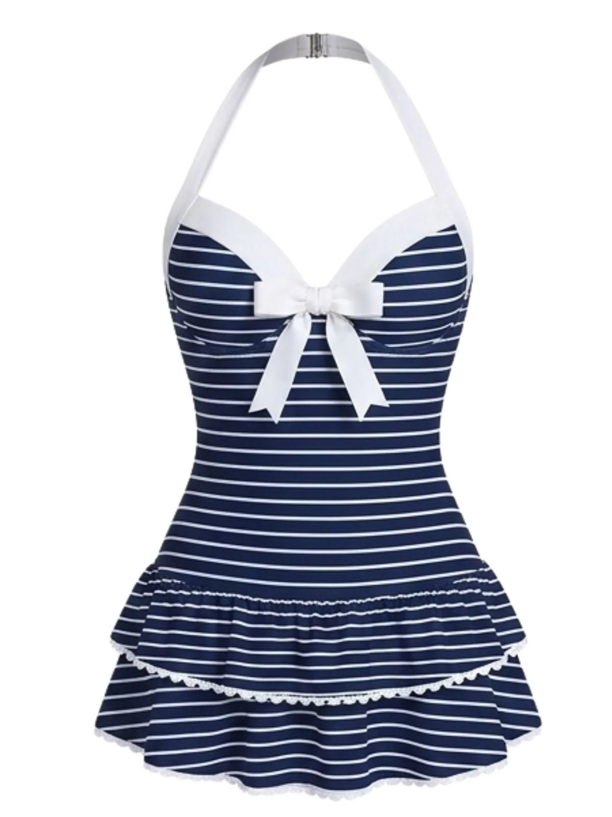 Pink 1940s Halter Polka Dots Bow One-Piece Swimsuit - Image 27
