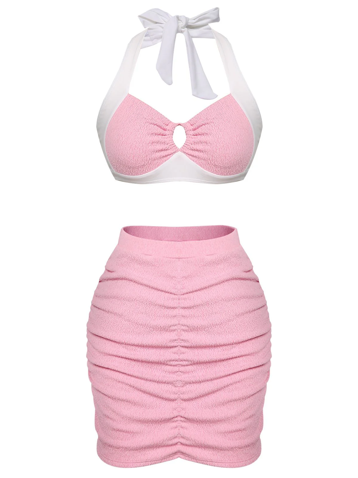 Pink 1940s Patchwork Lace-Up Halter Swimsuit - Image 2