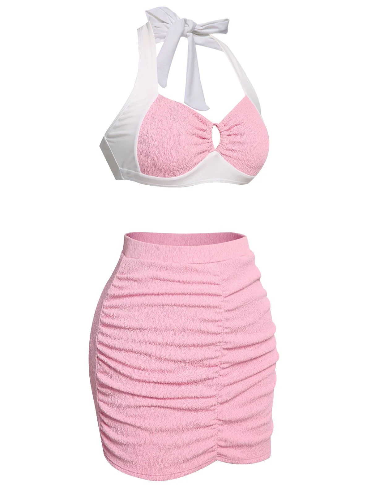 Pink 1940s Patchwork Lace-Up Halter Swimsuit - Image 3