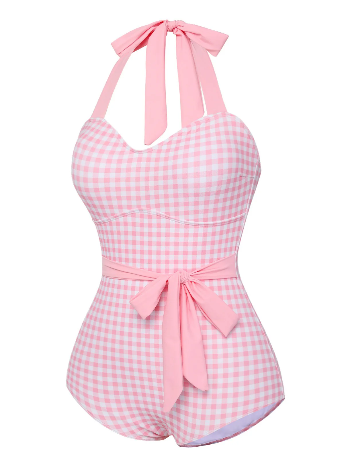 Pink 1940s Plaid Halter One-Piece Swimsuit - Image 3