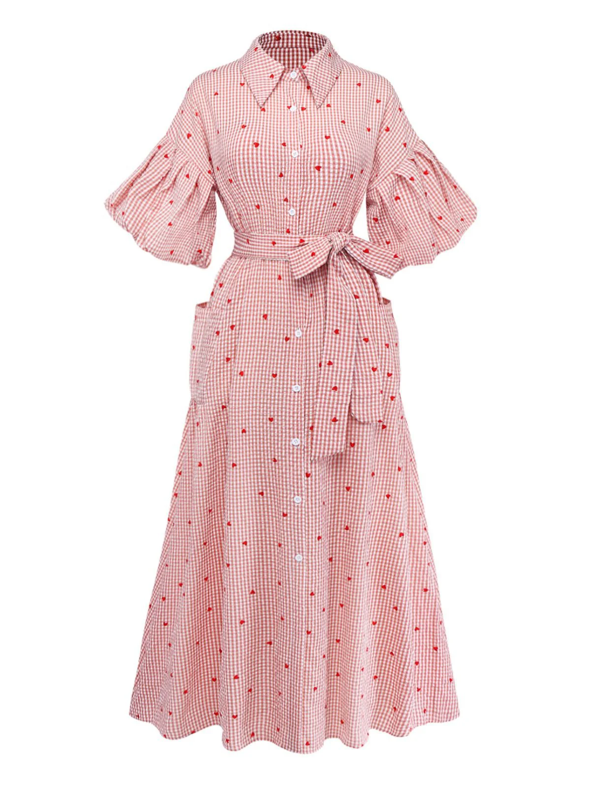 Pink 1940s Plaid Heart Lantern Sleeve Belted Dress - Image 2
