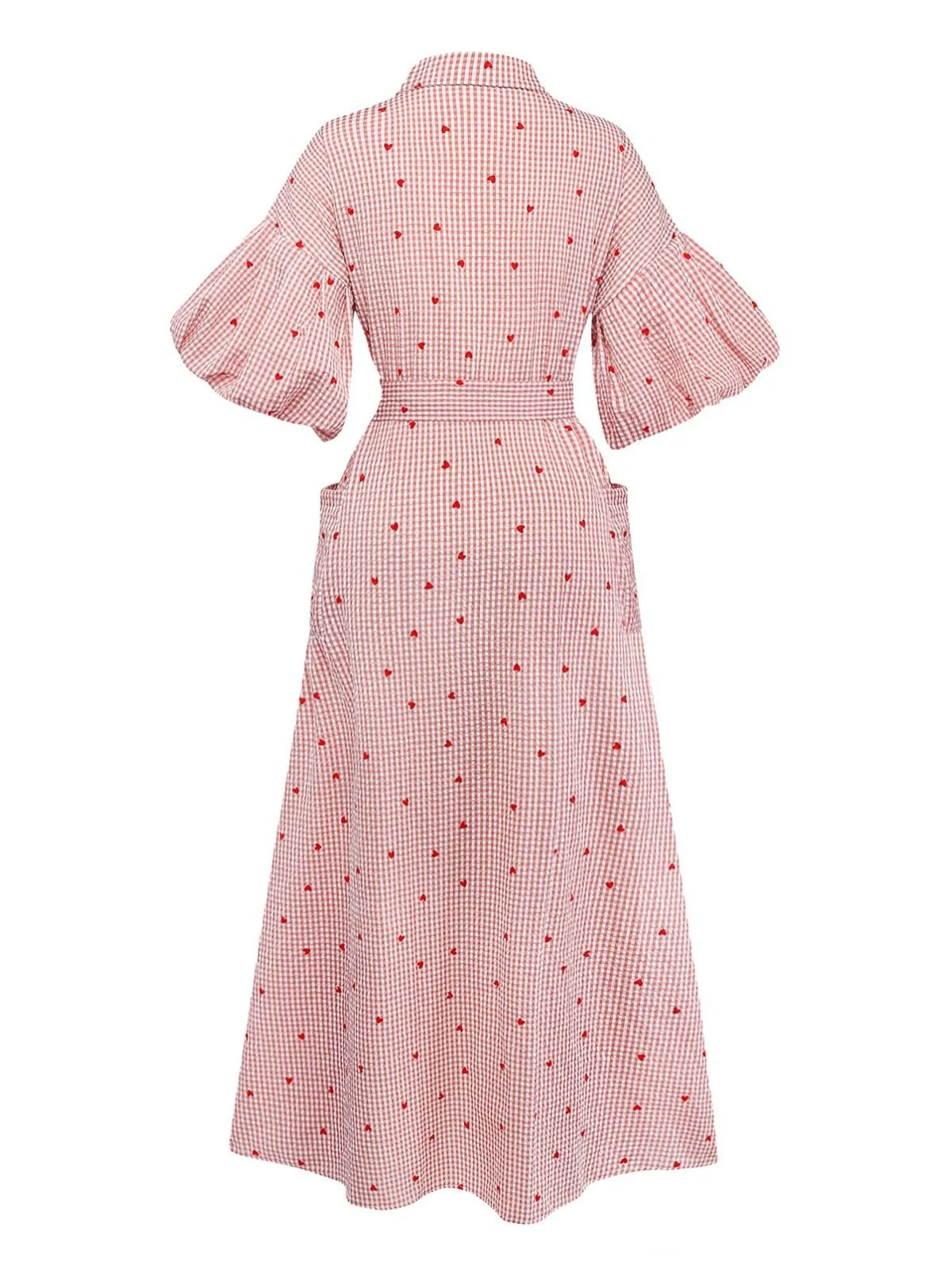 Pink 1940s Plaid Heart Lantern Sleeve Belted Dress - Image 3