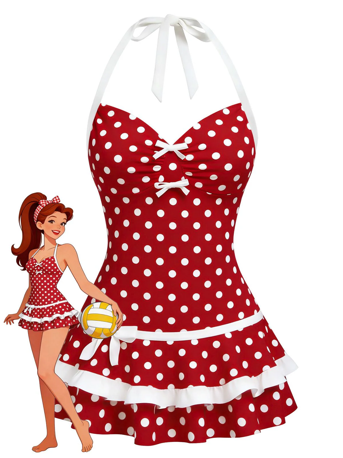 [Pre-Sale] Pink 1940s Polka Dot Halter Bow One-Piece Swimdress - Image 2