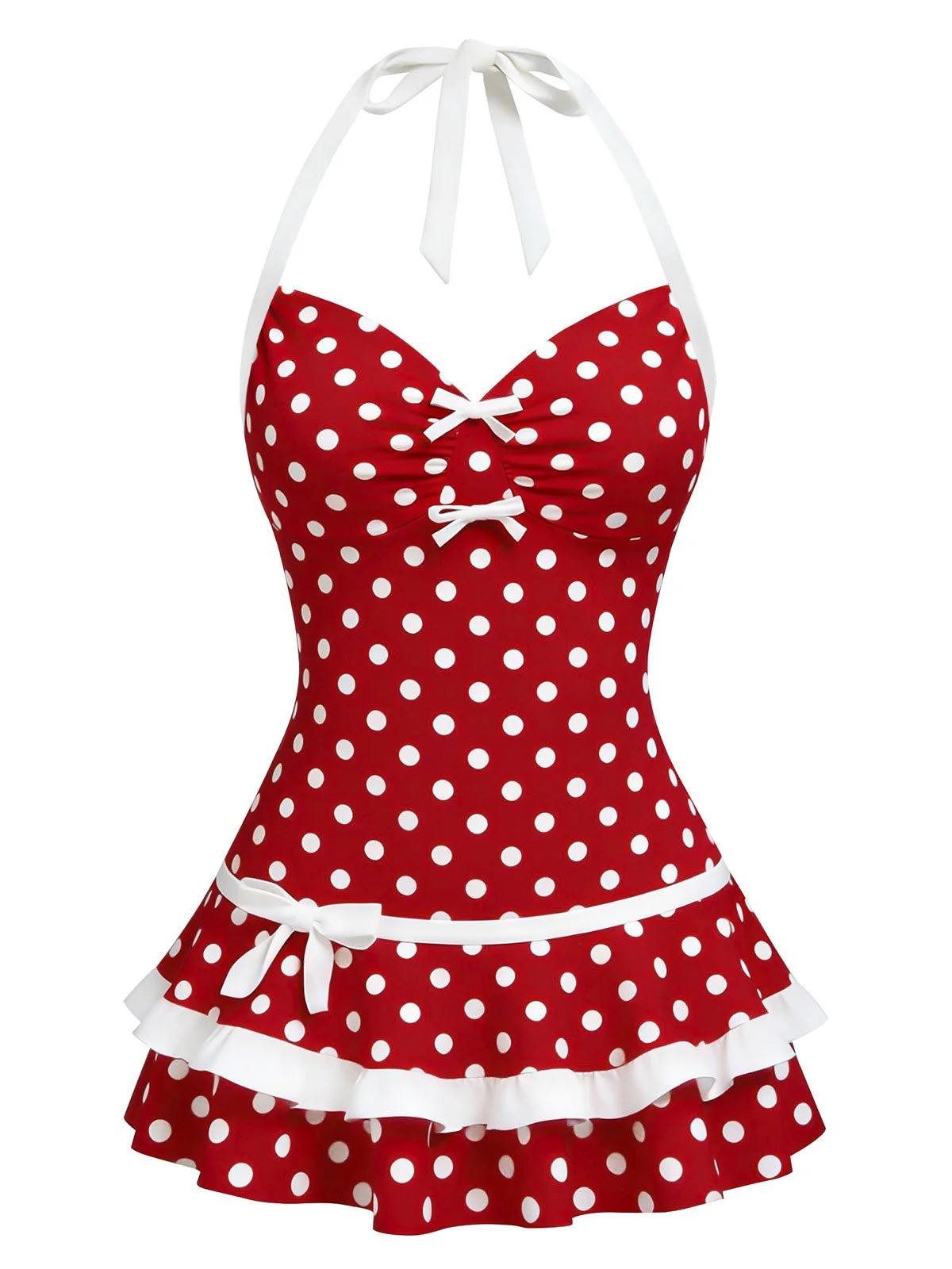 [Pre-Sale] Pink 1940s Polka Dot Halter Bow One-Piece Swimdress - Image 3