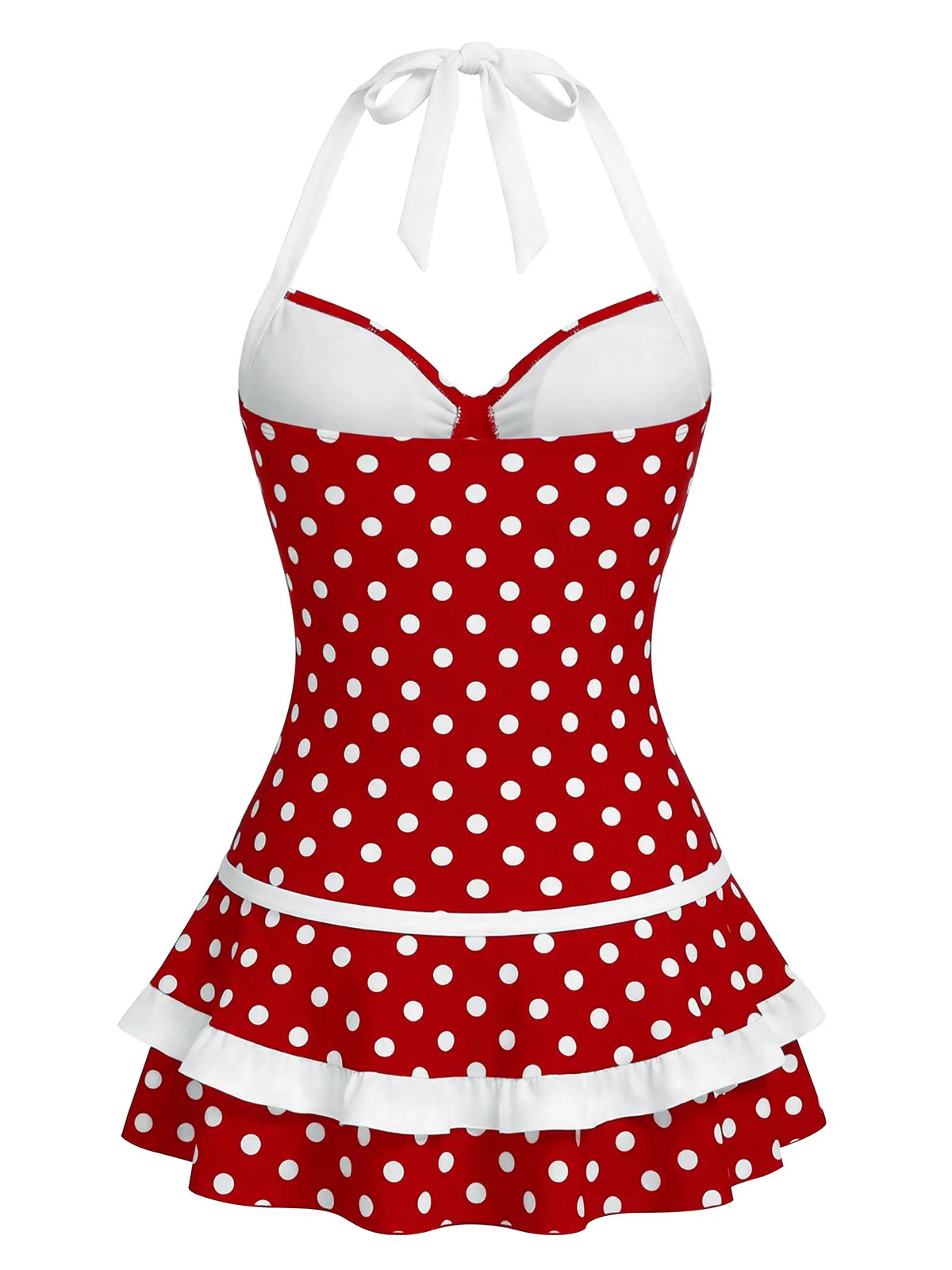 [Pre-Sale] Pink 1940s Polka Dot Halter Bow One-Piece Swimdress - Image 4