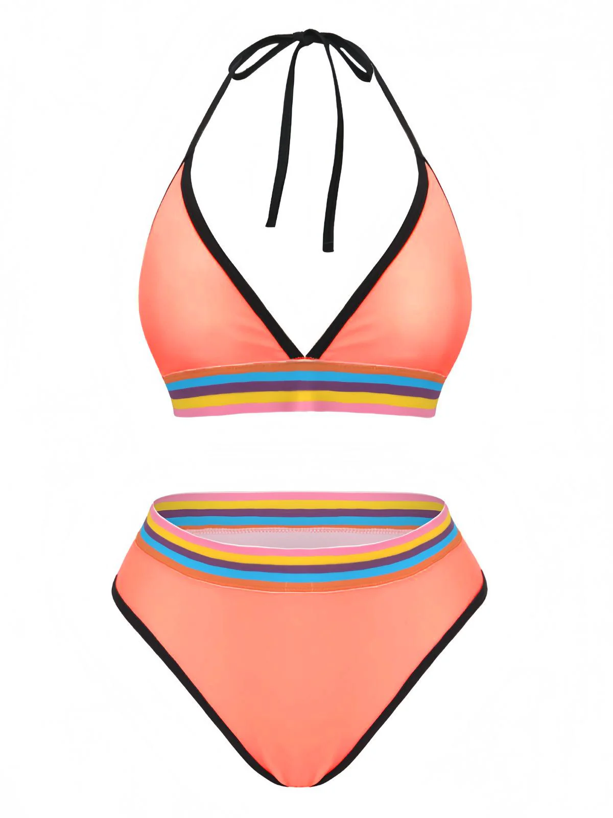 Pink 1940s Rainbow Striped Triangle Bikini Set - Image 2