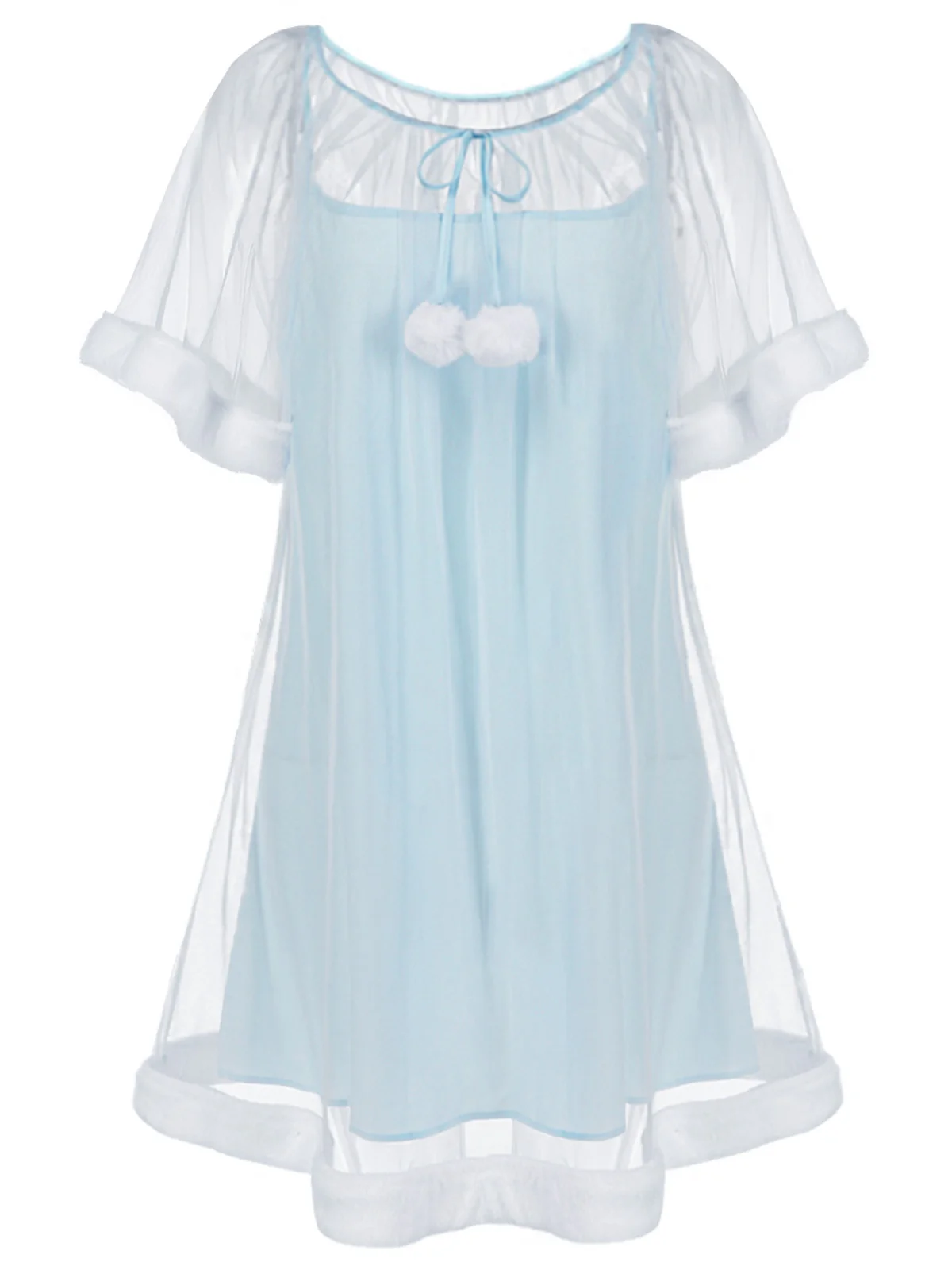 Blue 1940s Ruffle Sleeve Plush Trim Tulle Nightgown - Image 2