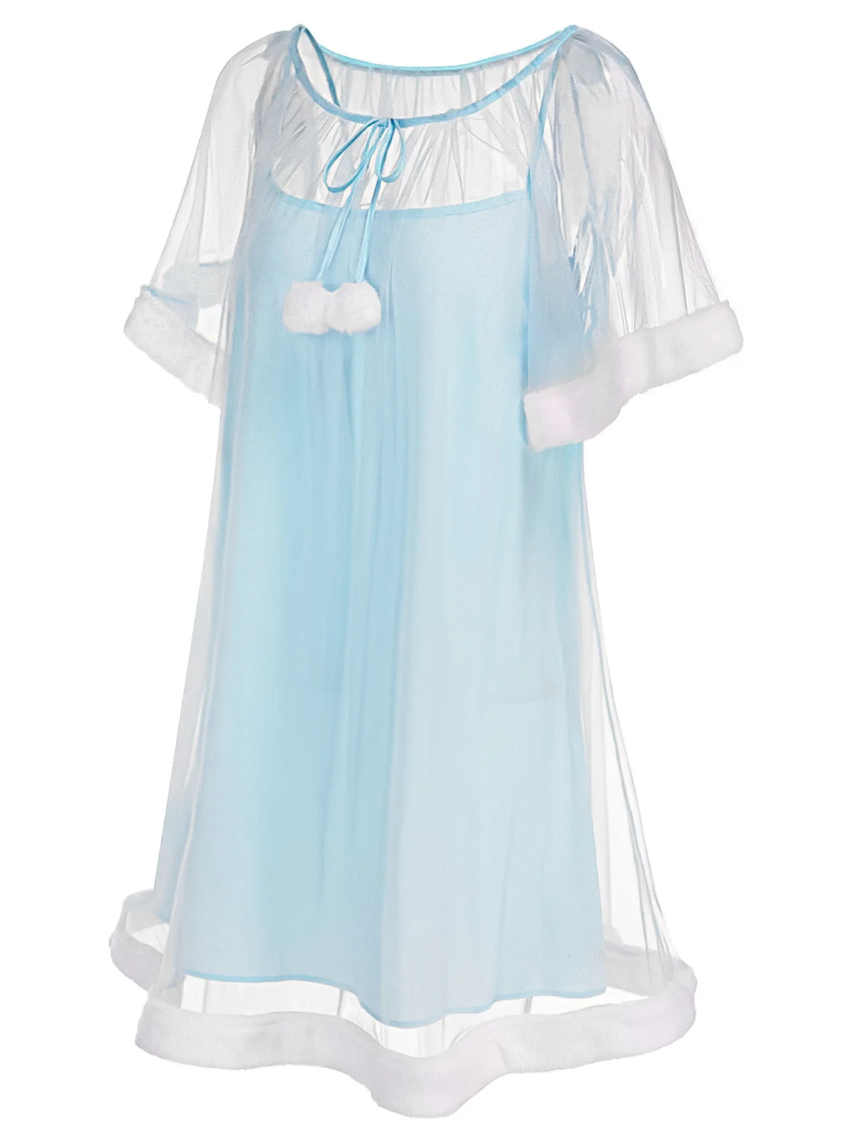 Blue 1940s Ruffle Sleeve Plush Trim Tulle Nightgown - Image 3
