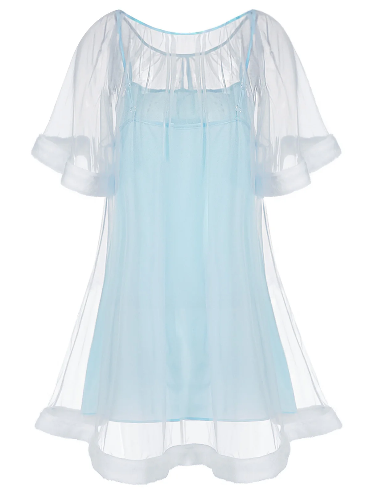 Blue 1940s Ruffle Sleeve Plush Trim Tulle Nightgown - Image 4