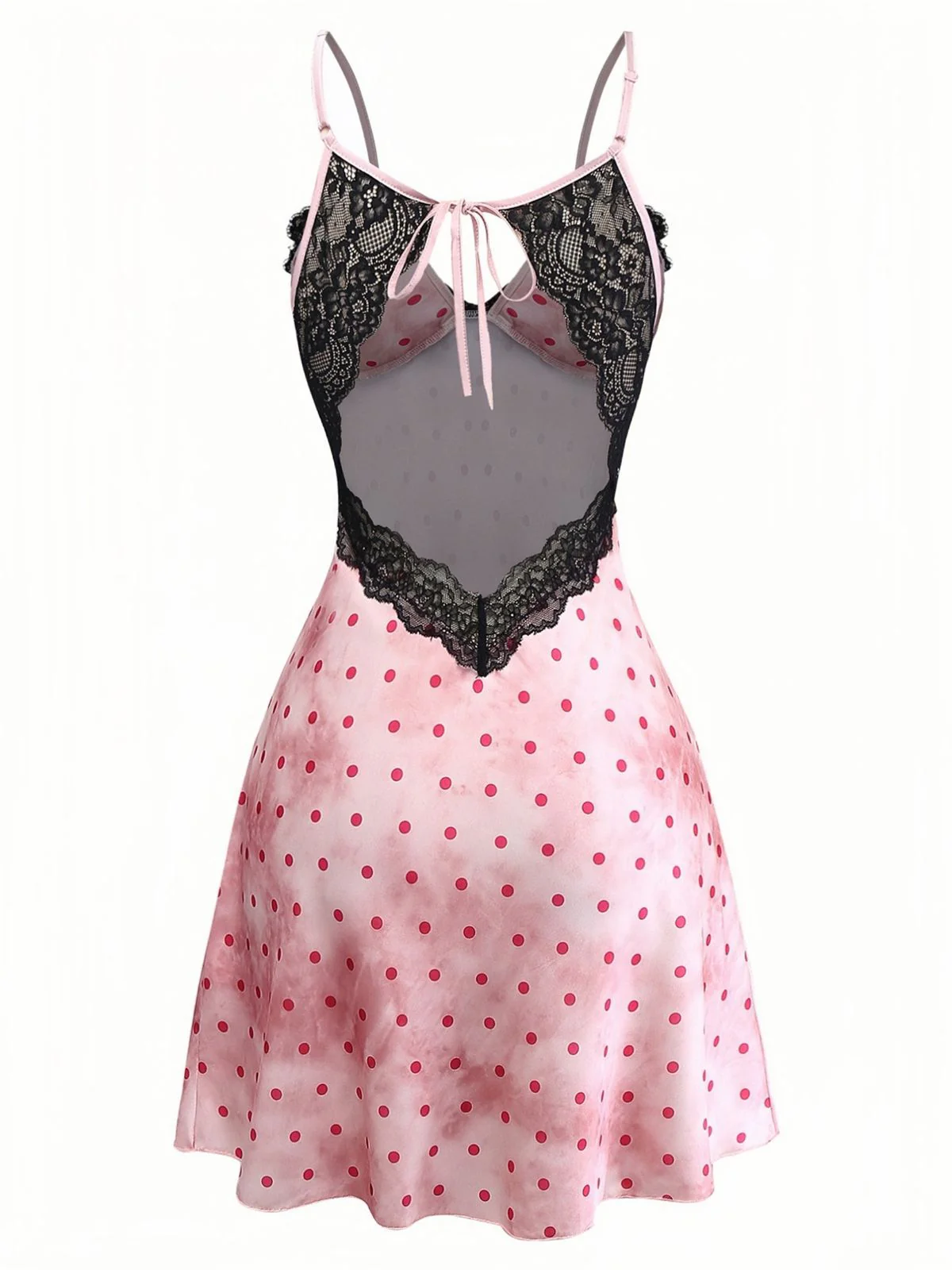Pink 1940s Satin Polka Dot Lace Trim Backless Nightdress - Image 3