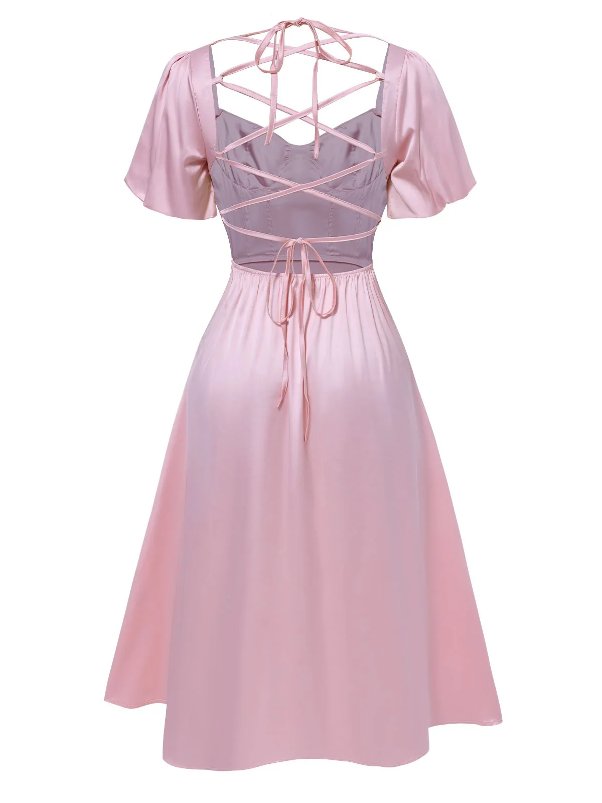 Pink 1940s Solid Puff Sleeve Tie Back Dress - Image 2