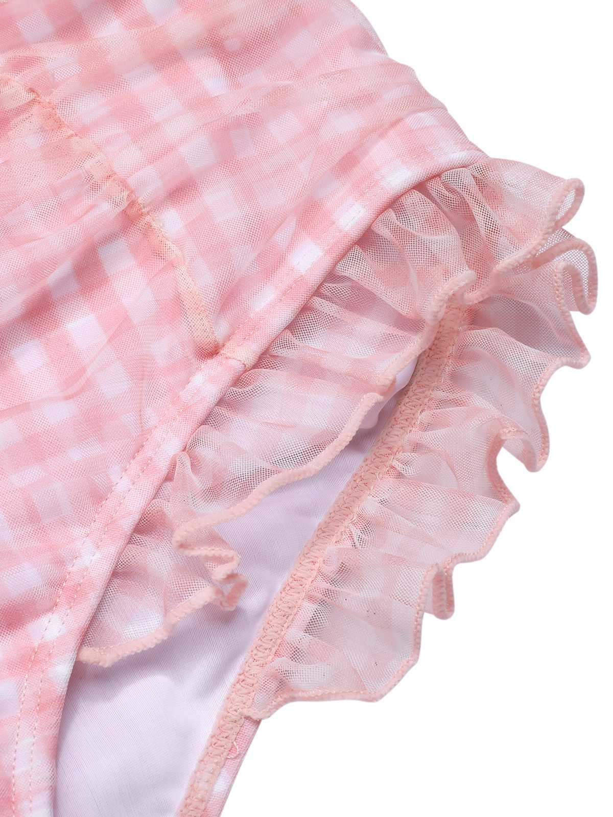 Pink 1940s Spaghetti Strap Mesh Plaids Swimsuit - Image 6