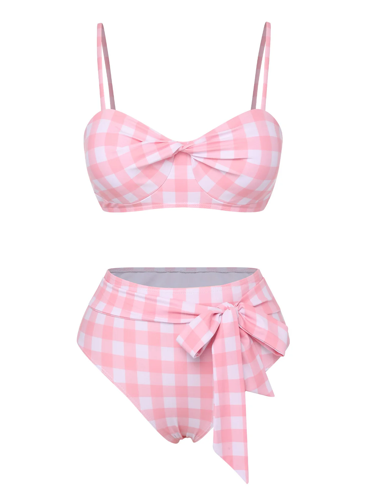 Pink 1940s Spaghetti Strap Plaid Bow Swimsuit - Image 2
