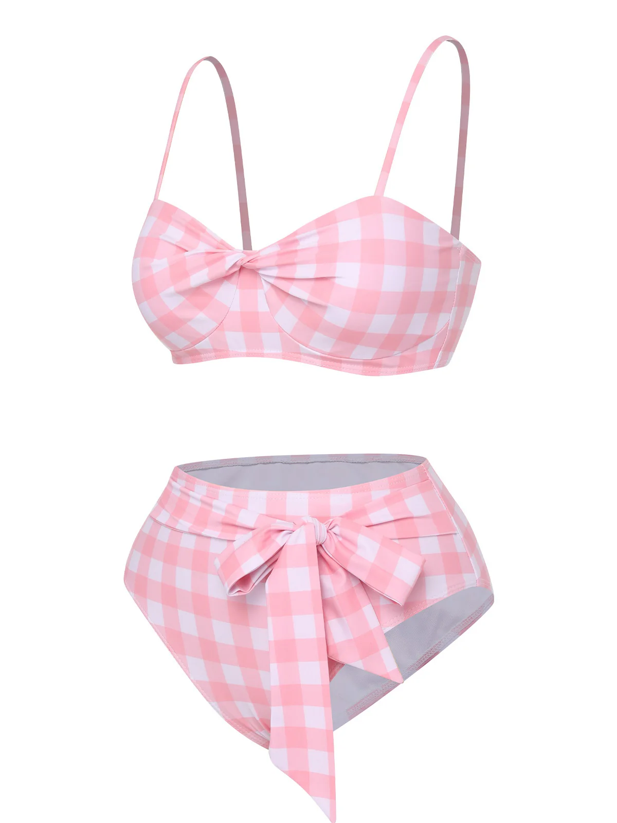 Pink 1940s Spaghetti Strap Plaid Bow Swimsuit - Image 3