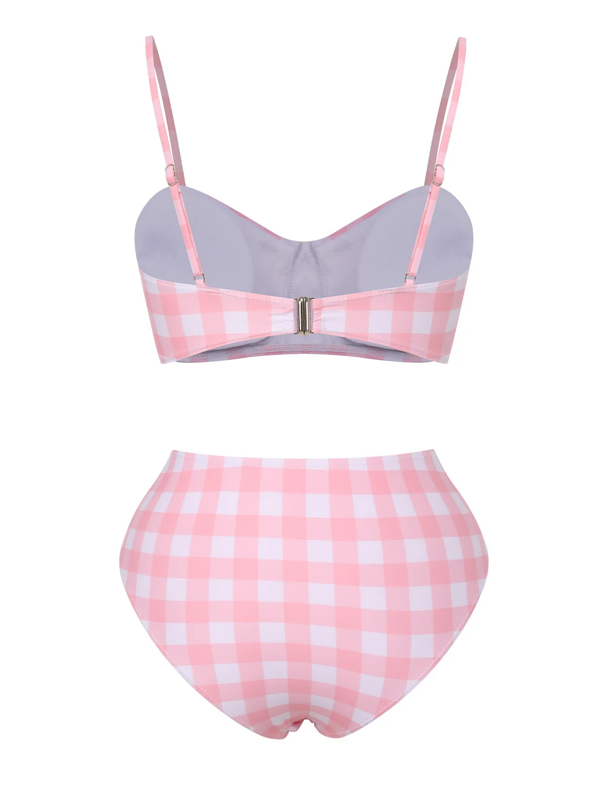 Pink 1940s Spaghetti Strap Plaid Bow Swimsuit - Image 4