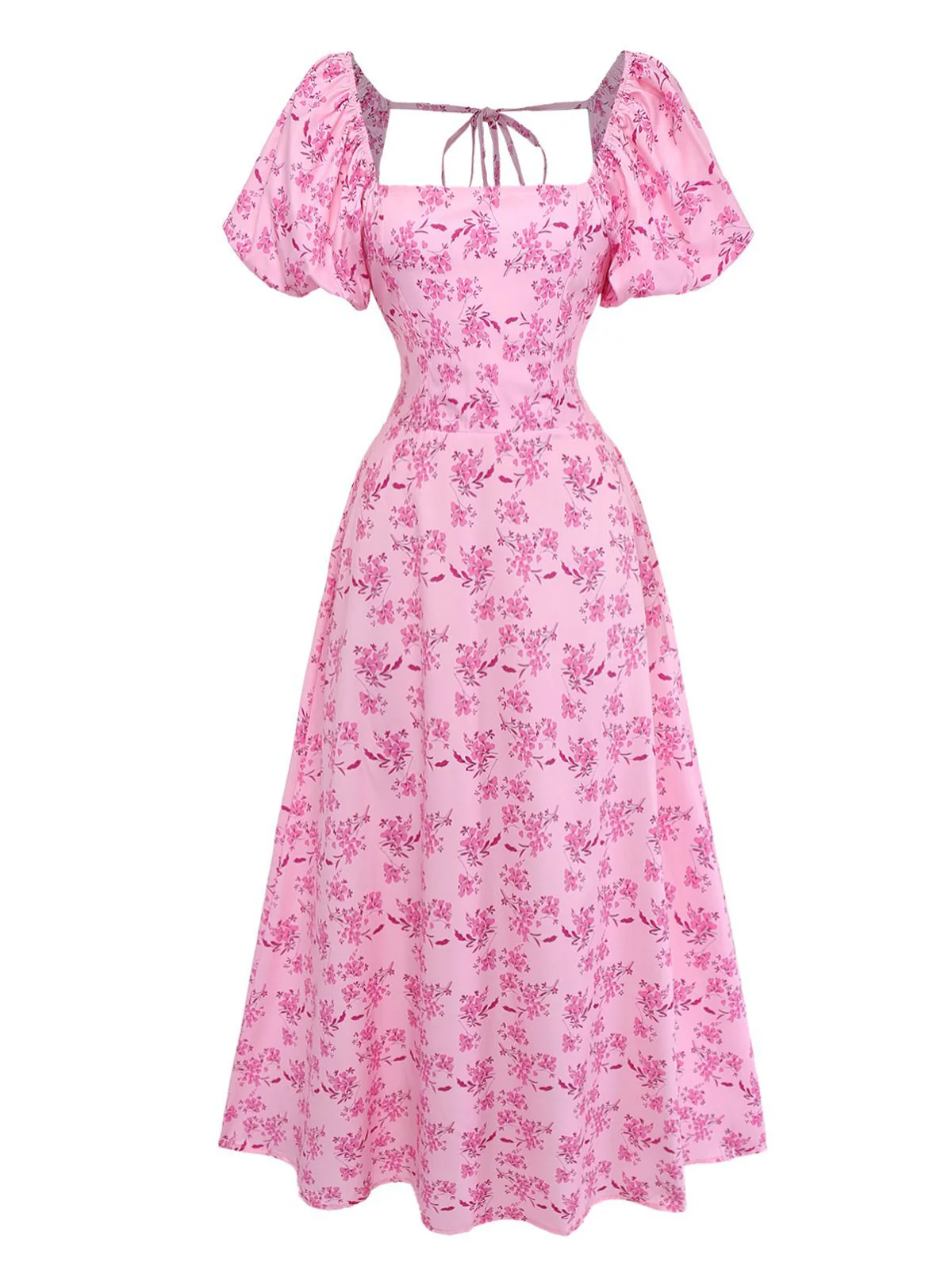 Pink 1940s Square Neck Puff Sleeve Floral Dress - Image 2