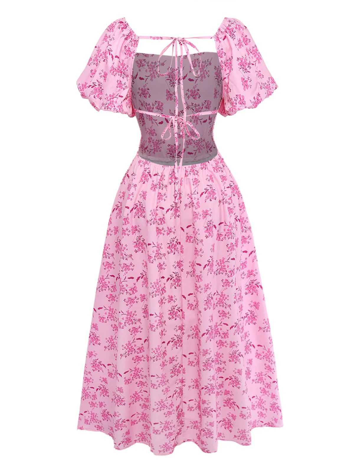 Pink 1940s Square Neck Puff Sleeve Floral Dress - Image 3