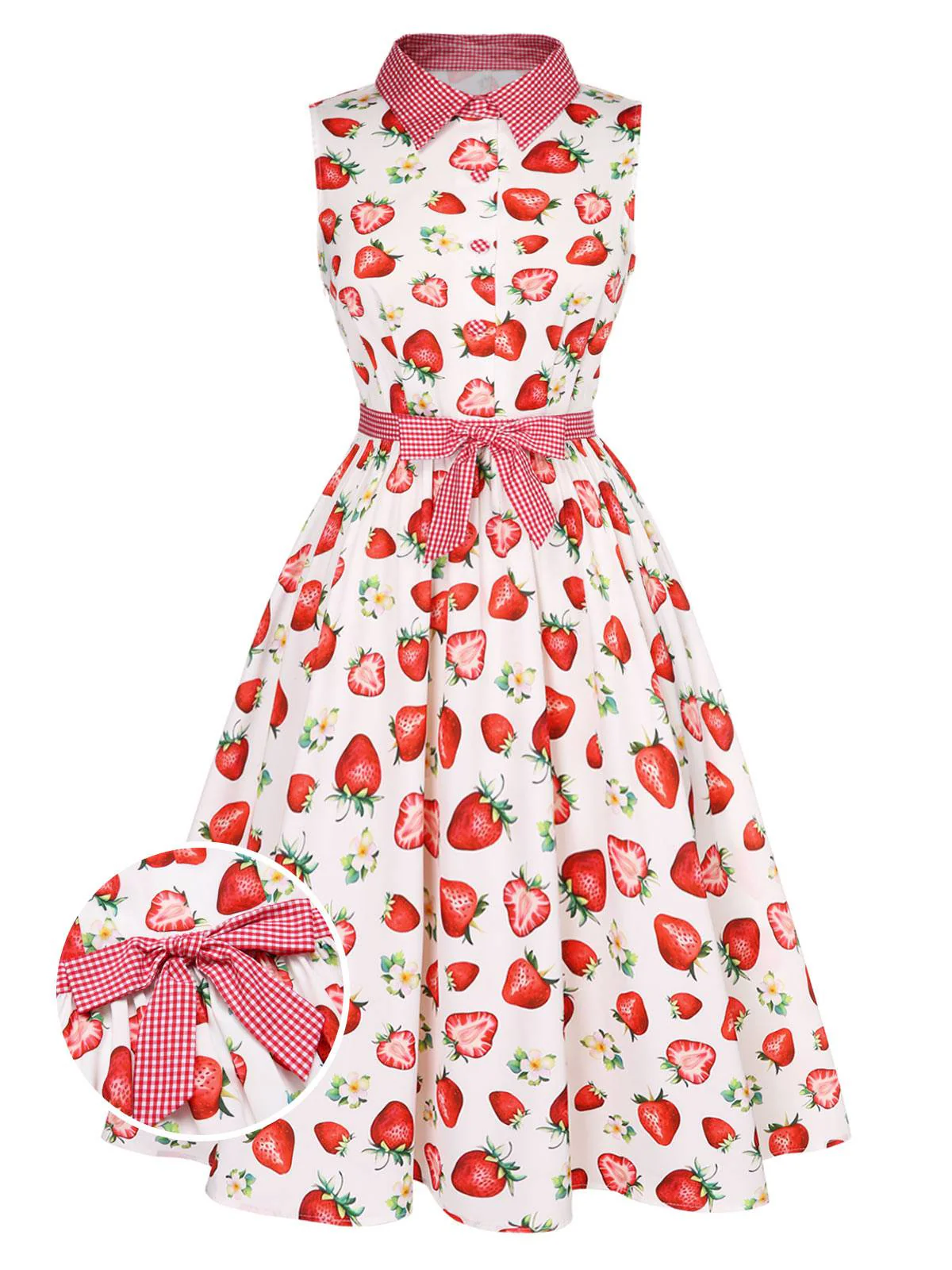 Pink 1940s Strawberry Plaid Shirt Collar Dress - Image 2