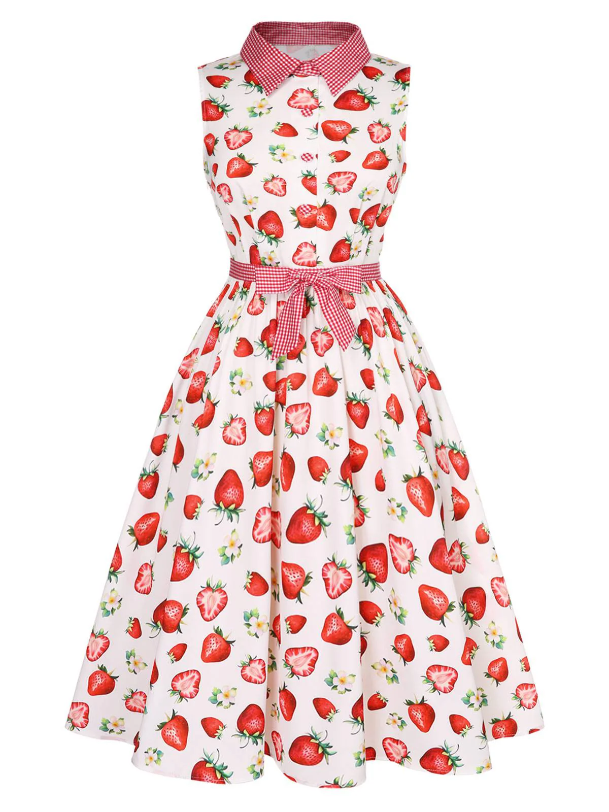 Pink 1940s Strawberry Plaid Shirt Collar Dress - Image 3