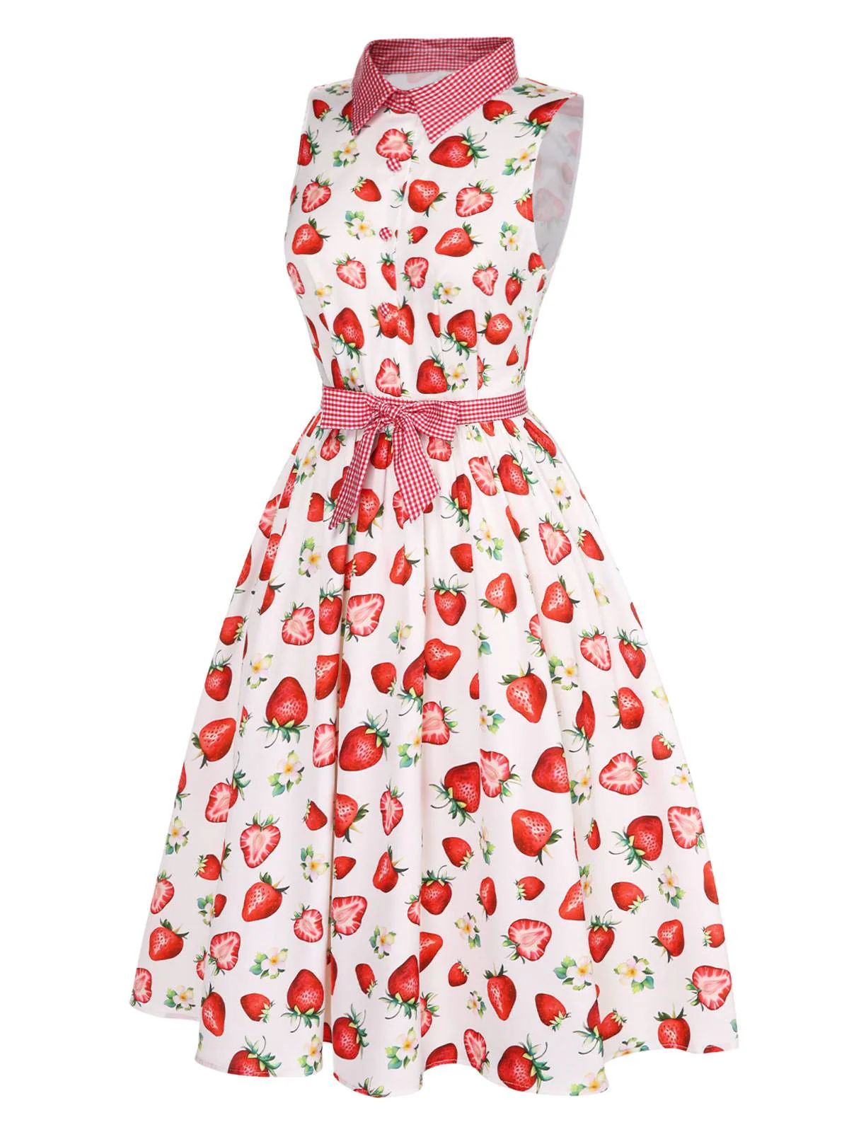 Pink 1940s Strawberry Plaid Shirt Collar Dress - Image 4